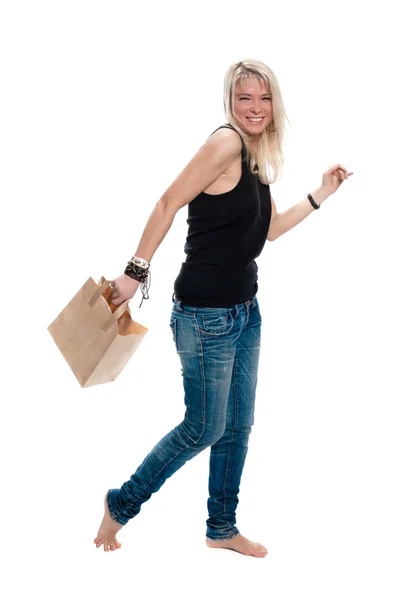 Mujer bonita con el paquete de alimentos saludables —  Fotos de Stock