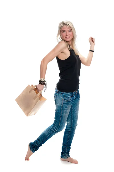 Mulher bonita com o pacote de alimentos saudáveis — Fotografia de Stock