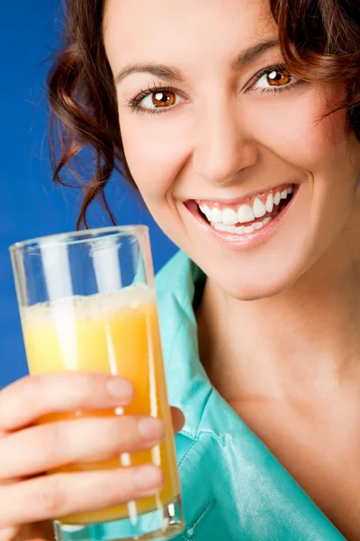 Happy woman orange juice — Stock Photo, Image