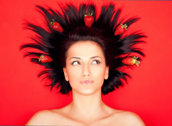Woman red strawberries — Stock Photo, Image