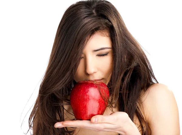 Female smeling red apple — Stock Photo, Image