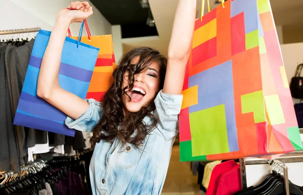 Excited female stere bags — Stock Photo, Image