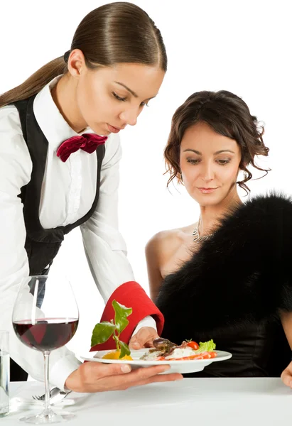 Waitress serving to beautiful female — Stock Photo, Image