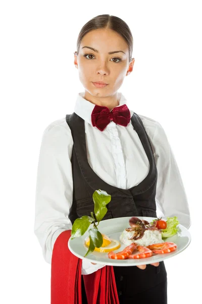 女服务员菜海鲜 — 图库照片