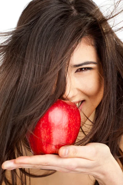女性の赤いりんごの笑みを浮かべてください。 — Stock fotografie