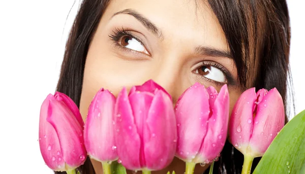 Mooie vrouwelijke gezicht tulpen — Stockfoto