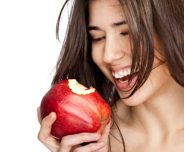 Female red bitten apple — Stock Photo, Image