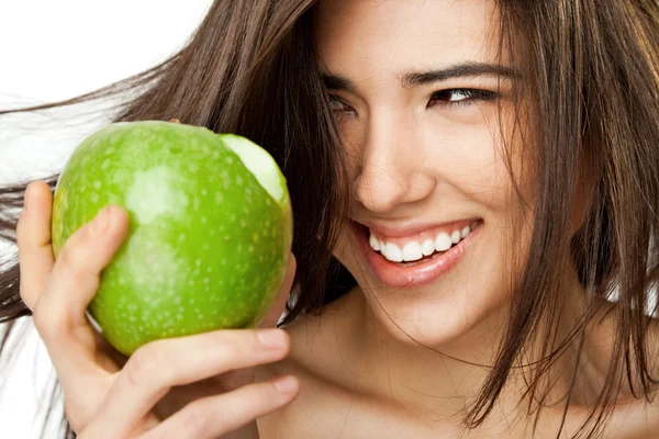 Smiling female face apple — Stock Photo, Image