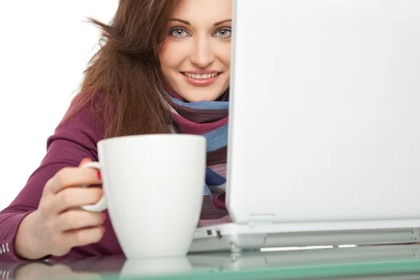 Молодая женщина улыбается ноутбук — стоковое фото