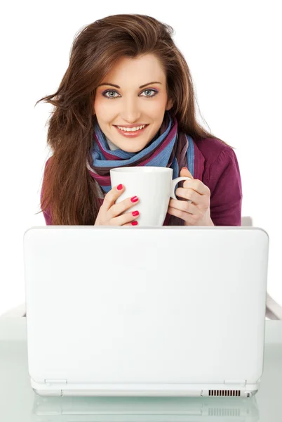 Girl cup smiling laptop — Stock Photo, Image
