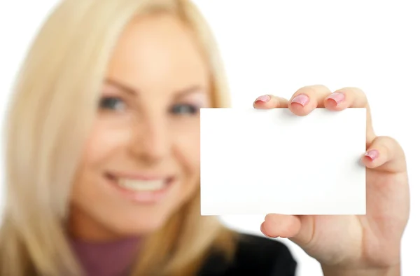 Cartão de visita em branco mulher positiva — Fotografia de Stock