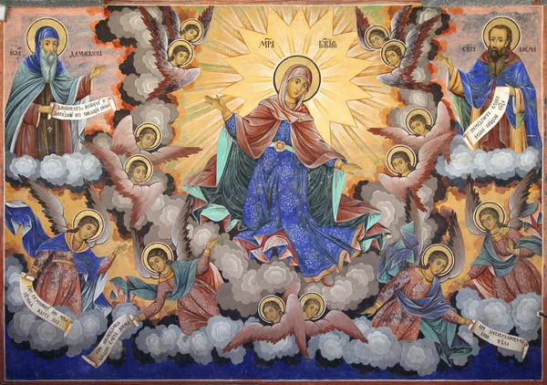 Svatá Panna Rilský klášter freska — Stock fotografie