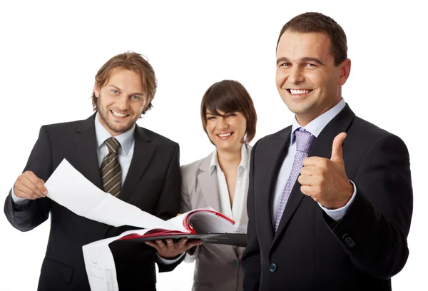 Three businesspeople thumb up — Stock Photo, Image