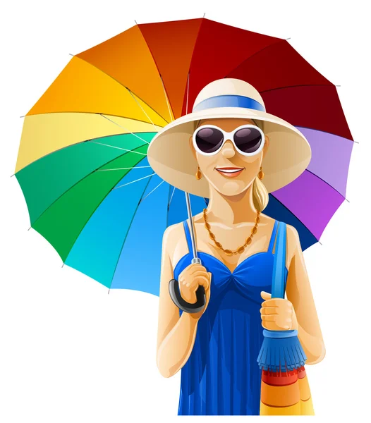 Meisje in hoed met paraplu — Stockvector