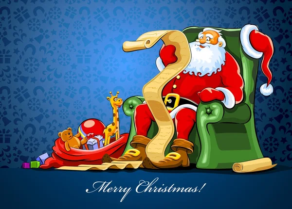 Weihnachtsmann sitzt im Stuhl mit Sack voller Geschenke — Stockvektor