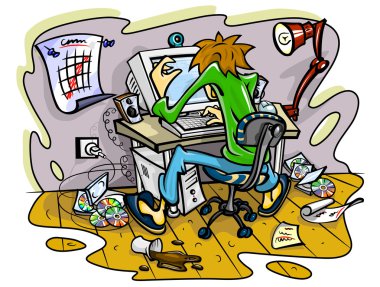 Hacker working on computer in jumble room clipart