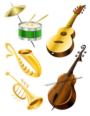 Drum, guitar, tramble, sax, kontrabas music instruments clipart