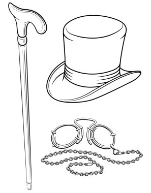 Set of retro accessories with hat walkingstick and pince-nez poi clipart