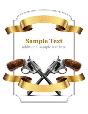 Gun revolver crossed with gold ribbon and frame clipart