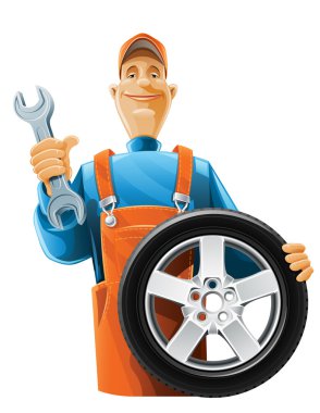 Auto mechanic with wheel clipart