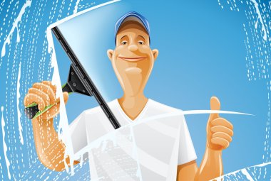 Man cleaning window squeegee spray clipart