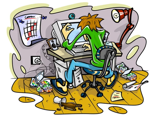 Hacker trabajando en la computadora en la sala de revoltijos — Archivo Imágenes Vectoriales