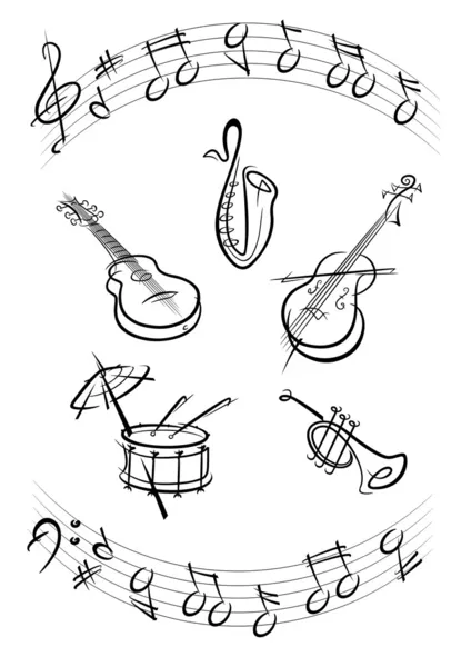 Tambor, guitarra, trompete, sax, instrumentos de música kontrabas preto — Vetor de Stock
