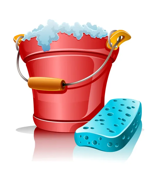 Bucket with foam and bath sponge — Stock Vector