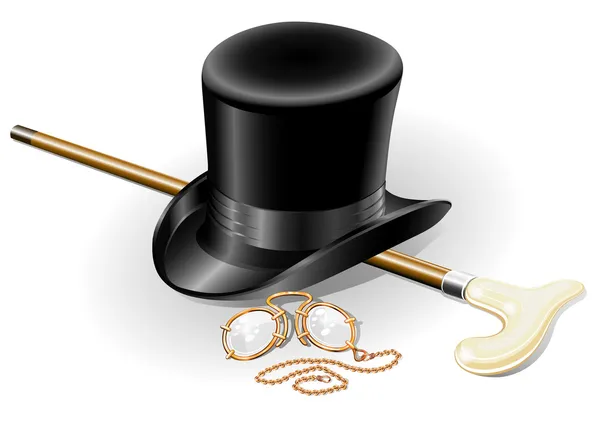 Set van retro accessoires met hoed wandelstok en pince-nez poi — Stockvector