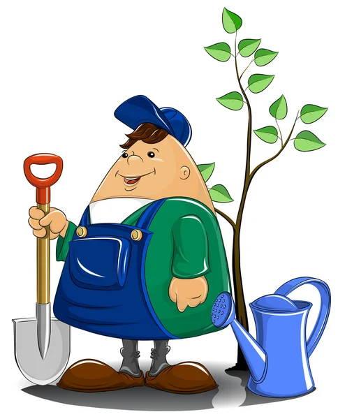 Садовник с банкой для полива лопаты и деревом — стоковый вектор