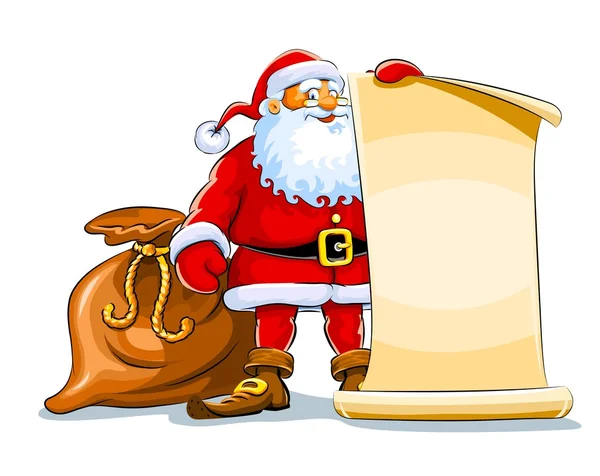 Santa claus να σταθεί και να κρατήσει κύλισης χαρτί — Διανυσματικό Αρχείο