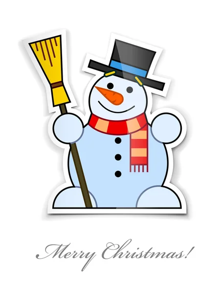 Sticker with smiling snowman in top hat broom — Stock Vector