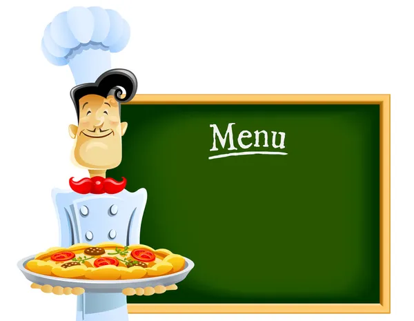 Cook with pizza and menu — Stock Vector