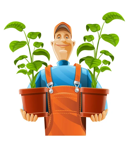 Jardinier avec plante en pot de fleurs — Image vectorielle