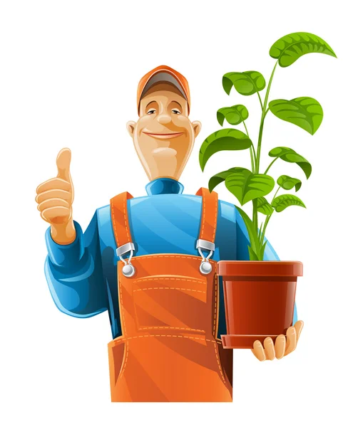 Κηπουρός με φυτό σε γλάστρα — Διανυσματικό Αρχείο