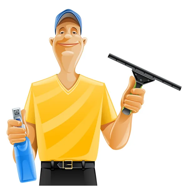 Hombre limpieza ventana squeegee spray — Vector de stock