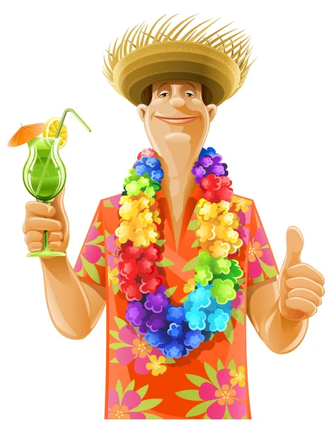 Hombre cóctel hawaii sombrero de corona — Vector de stock