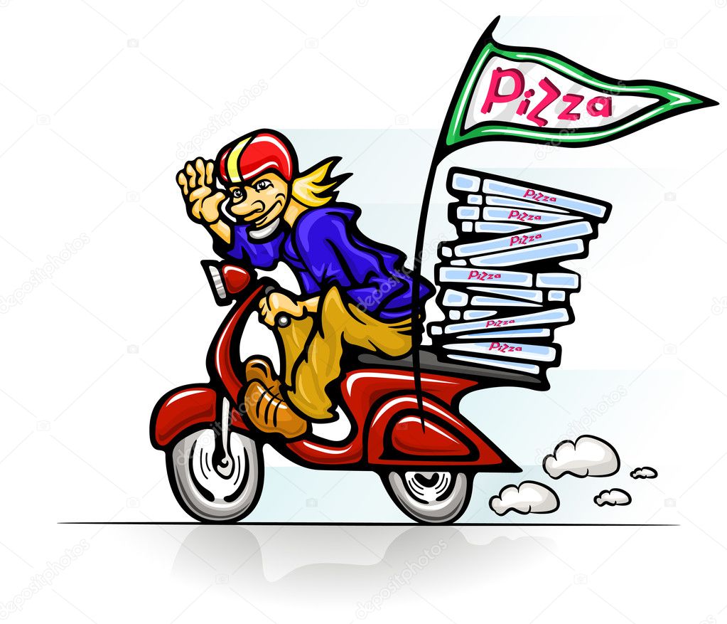 Boy delivering pizza on scooter