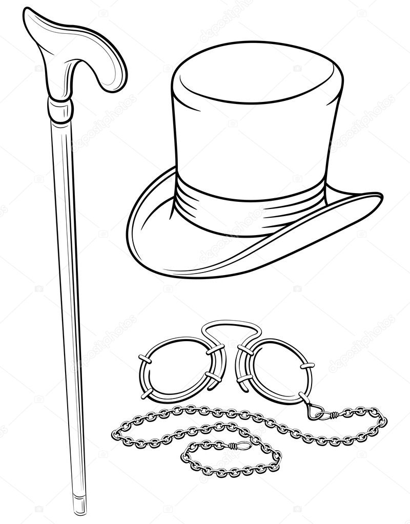 Set of retro accessories with hat walkingstick and pince-nez poi
