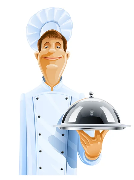 Chef cuisinier avec plateau et couvercle — Image vectorielle