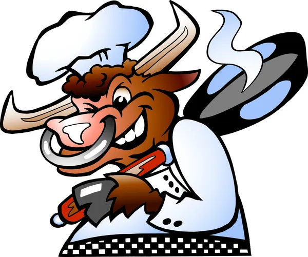 Býk šéfkuchař drží pan nad jeho schoulder — Stockový vektor