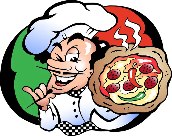 Εικονογράφηση φορέας χέρι μια baker πίτσα ιταλικά — Διανυσματικό Αρχείο