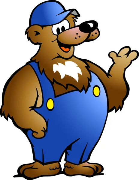 Handgetekende vector afbeelding van een beer in blauwe overalls — Stockvector