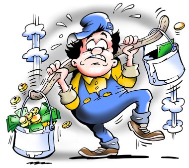 Worker with heavy buckets full of money clipart