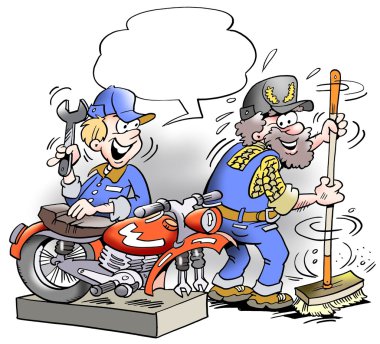 Young mechanic costing around with older employee clipart