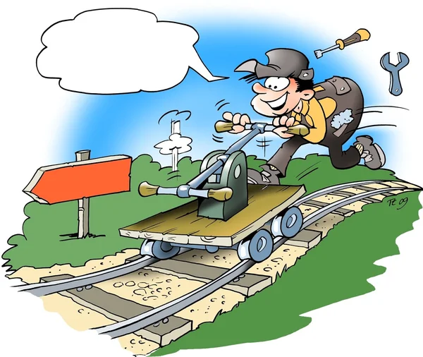 Mechanic driving handcar on rails — Stock Photo, Image
