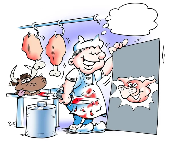 Pracownik rzeźni z głowicą s świnia na plakat — Zdjęcie stockowe