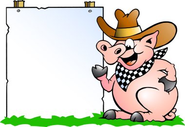 Hand-drawn Vector illustration of an Pig Chef in front of a sign clipart