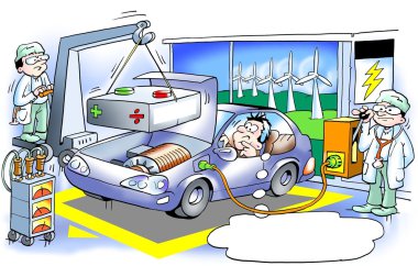 Electric car gets shift a large heavy battery clipart