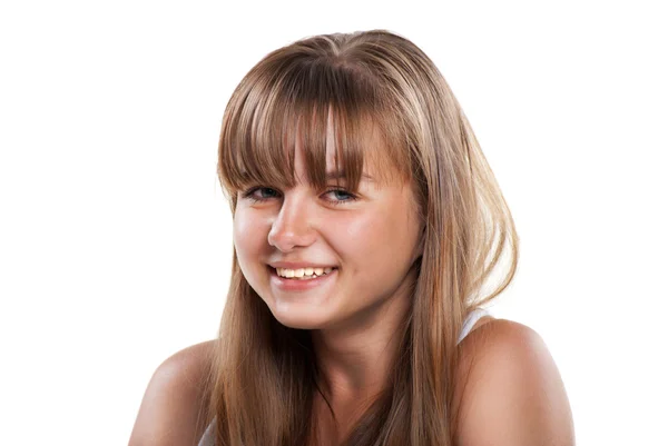 Šťastný smích dospívající dívka na bílém pozadí — Stock fotografie